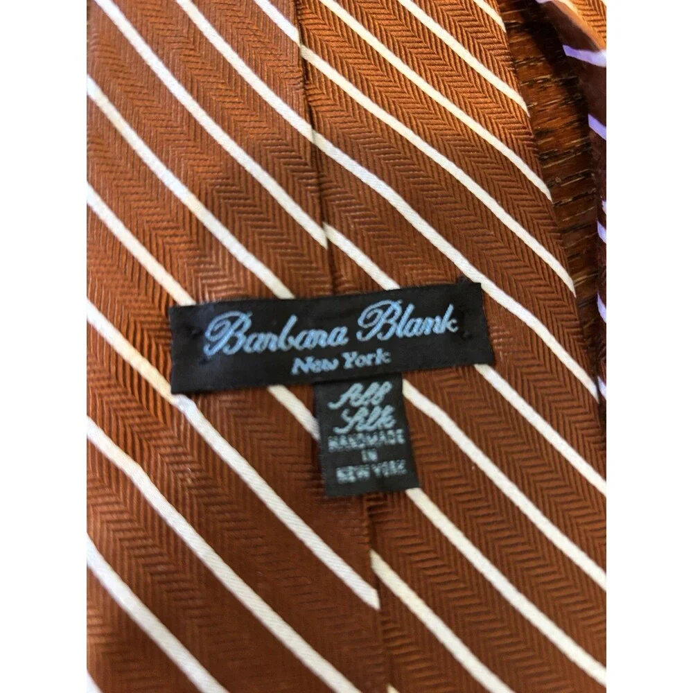 Barbara Blank New York Handmade 100% Silk Tie Copper Rust White‎ Repp Stripe Vtg